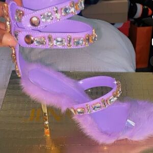 Jennifer Lee Never Worn Lavender Gem-Embellished Fur Strap High Heel Sandals